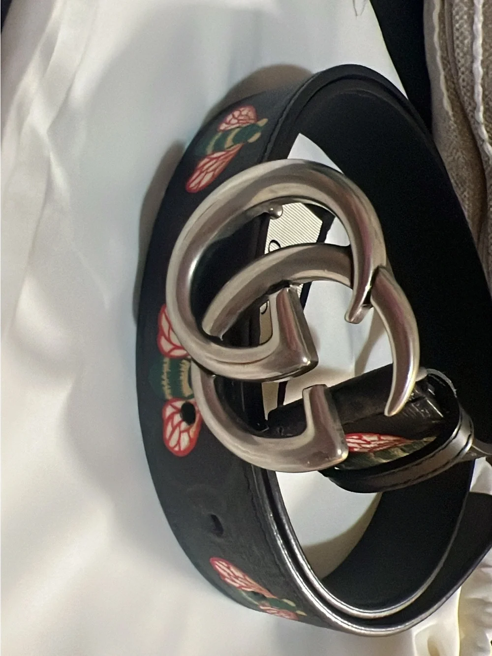 Gucci Black Coated Canvas GG Buckle Belt with Bee Design